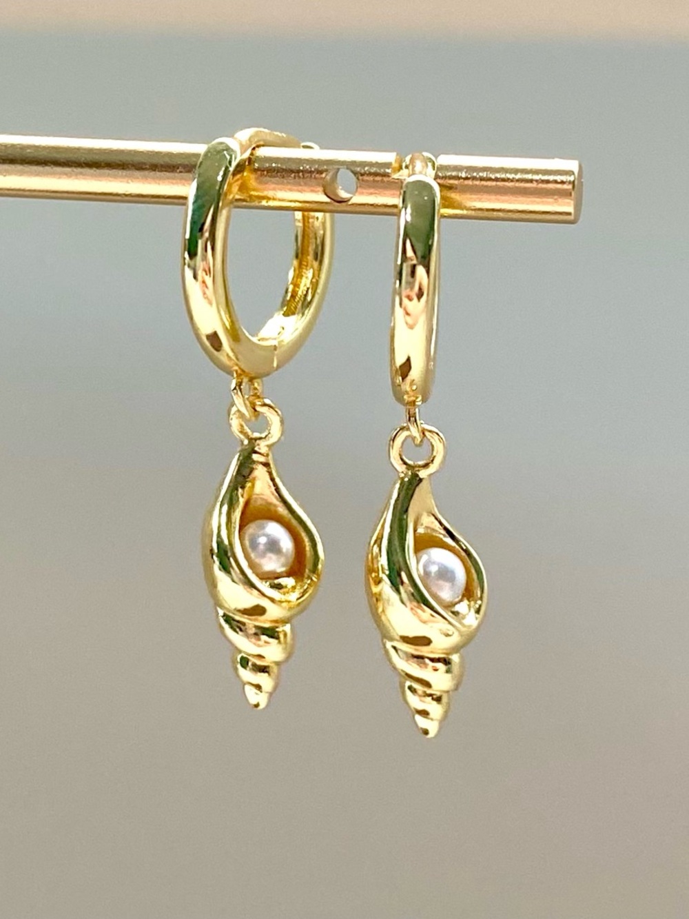 Gold Pearl Shell Drop Hoop Earrings